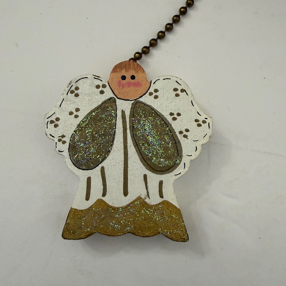 Vintage Angel Ceiling Fan Pull Wood Hand Painted Glitter Folk Art Light Pull